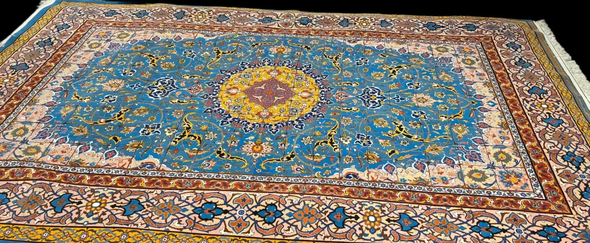 "Fine Persian Isfahan rug, showcasing a central medallion and intricate patterns, hand-knotted in wool and silk by Master Haghighie."